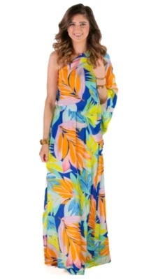 Maxi Vestido Jess Lea Para Mujer XLarge Aguas Tropicales Un Hombro Colorido Vacaciones Foto 1 de 4
