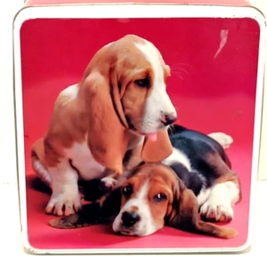 Vintage Tin Adams Biscuits Cookies Basset Hounds Great Britain Square Red - Picture 1 of 12