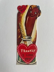 Tarjeta de San Valentín Antropomórfica Comida para Perritos Calientes Frank Vintage años 50 Sin Usar Nueva de Lote Antiguo - Imagen 1 de 3