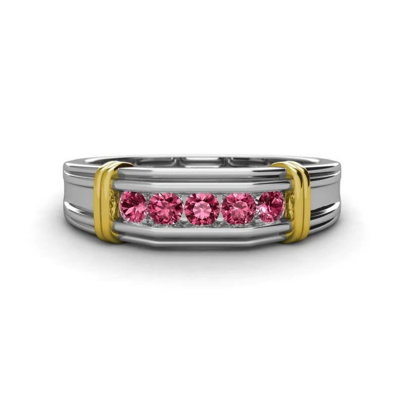 Anillo de boda redondo de turmalina rosa de 5 piedras para hombre 3/8 quilates en oro de 14 quilates JP:261773 Foto 1 de 1