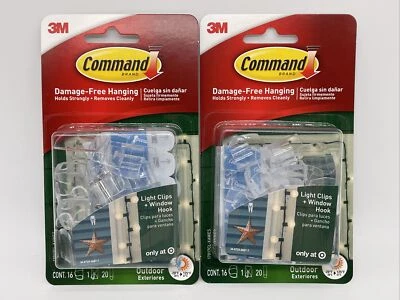 2 PACK 3M Command Brand Damage Free Hanging - OUTDOOR LIGHT CLIPS + WINDOW HOOK