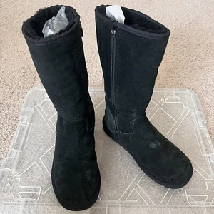 UGG Classic Tall Black Leather Sheepskin Boots Size 5 Women With Zipper - Picture 1 of 10