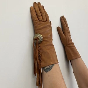Vintage 80er Naomi Misle NY braune Lederhandschuhe Old West Fransen Sheriff Abzeichen Größe 7,5 - Bild 1 von 12