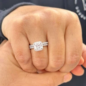 CUSHION SIMULATED DIAMOND ENGAGEMENT RING AND BANDS 14K SOLID WHITE GOLD 3.50ct - Picture 1 of 12