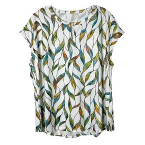 Kistore Women's Top XXL Leaf Print Jersey Knit Cap Sleeve Keyhole Tunic Blouse - Picture 1 of 7