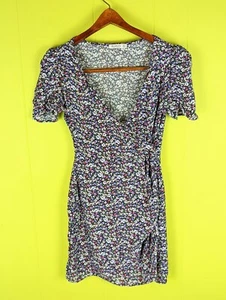 Stradivarius Womens S Floral Short Sleeve Mini Dress Boho Faux Wrap V-Neck Rayon - Picture 1 of 11
