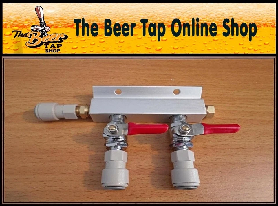 2-Way Splitter CO2 Beer Gas Manifold - JG 3/8" Push-Fit or 1/4" Barb Swivel Nut.