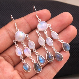 Moonstone Labradorite Gemstone Solid 925 Sterling Silver Jewelry Women Earring - Picture 1 of 2