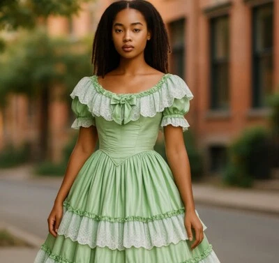 Victorian Dress Green Satin Southern Belle Civil War Costume Reenactment Gown - Image 1 of 4