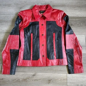 METROSTYLE 90s Women’s Colorblock Red Black Leather Short Jacket Moto Size 6 S-M - Picture 1 of 7