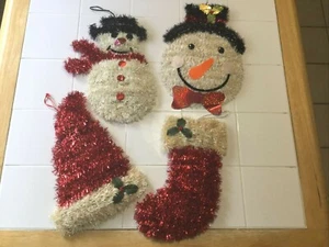4 Vintage Christmas Tinsel Wrapped Wall Decorations Snowmen Stocking Santa Hat - Picture 1 of 11