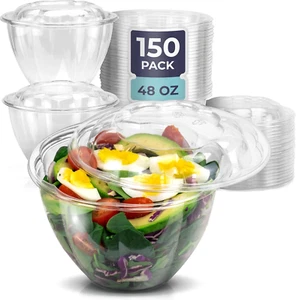 150 Pack 48 oz Disposable Plastic Clear Salad Bowls with Airtight Lids, Cryst... - Picture 1 of 12