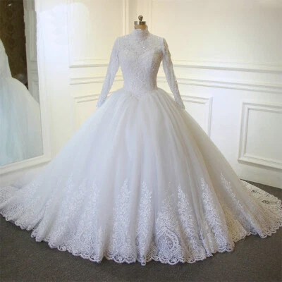 Muslim Long Sleeves High Neck Wedding Dresses Ball Gown Applique Sweep Train  - Image 1 of 4