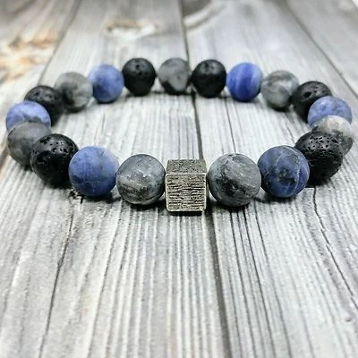 Brazalete para hombre MODERNO 8"L plata 10 mm mate sodalita + piedras preciosas labradorita con cuentas Foto 1 de 4