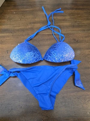 Nuevo sin etiquetas Bikini Calzedonia Colbey M Lentejuelas Azul Natación Top e Inferior 126501 Foto 1 de 2