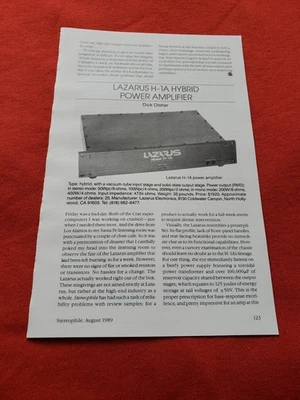 Lazarus H-1A amplifier, Forte Audio Model 1A amplifier reviews STEREOPHILE 1989 - Image 1 of 2