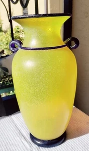 Cozeta Murano Italy 12.5" SCAVO ART GLASS AMPHORA VASE YELLOW & BLUE FROSTED - Picture 1 of 3