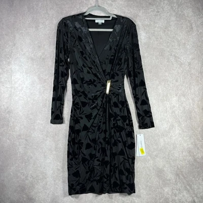 Calvin Klein Side Bar Dress Womens 8 Black Burnout Velvet Ruched Side Cocktail - Image 1 of 4