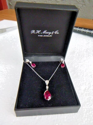 14K White Gold Ruby Sapphire Pendant Chain Earrings Set in Box Designer Mark - Image 1 of 4