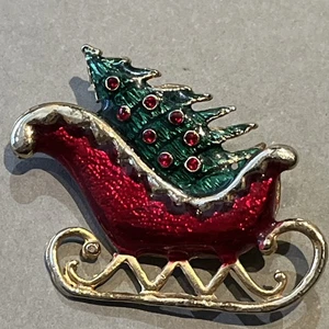 Vintage Schlitten Schlitten Weihnachtsbaum rot Emaille Strass goldfarben Metall Brosche Anstecknadel - Bild 1 von 13