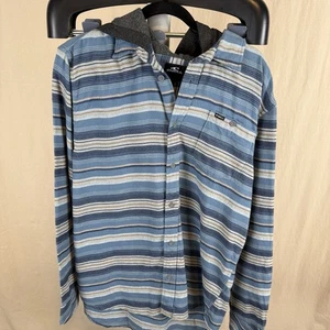O’Neill Men’s Large Blue Gray Striped Flannel Button Up Hoodie - Picture 1 of 6