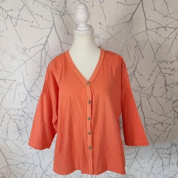 Blusa Ezze Wear Naranja Algodón Botón Frontal Cuello en V Calce Suelto | Para Mujer L Foto 1 de 4