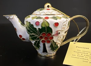 Vintage Mini Cloisonne Chinese Enamel Teapot Ornament Christmas Holly NOS - Picture 1 of 9