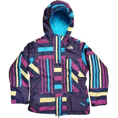 Jaqueta THE NORTH FACE MENINAS 10-12 cores azuis geométrica com capuz zíper completo HYVENT - Imagem 1 de 4