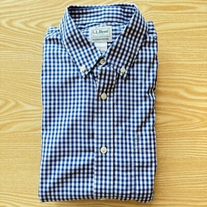 Camicia media L.L.Bean uomo blu bianco check 23" Pit-to-Pit designer logo moda - Foto 1 di 9