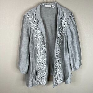 Chico's Womens Jacket Sz 2 Gray Artsy Embroidered Open Front Linen Blend Blazer