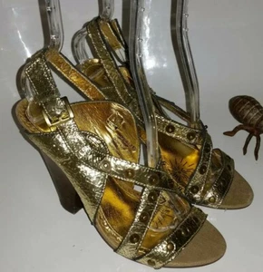Naughty Monkey Womens 7.5 Gold Leather Studded Strappy Heels - Picture 1 of 10