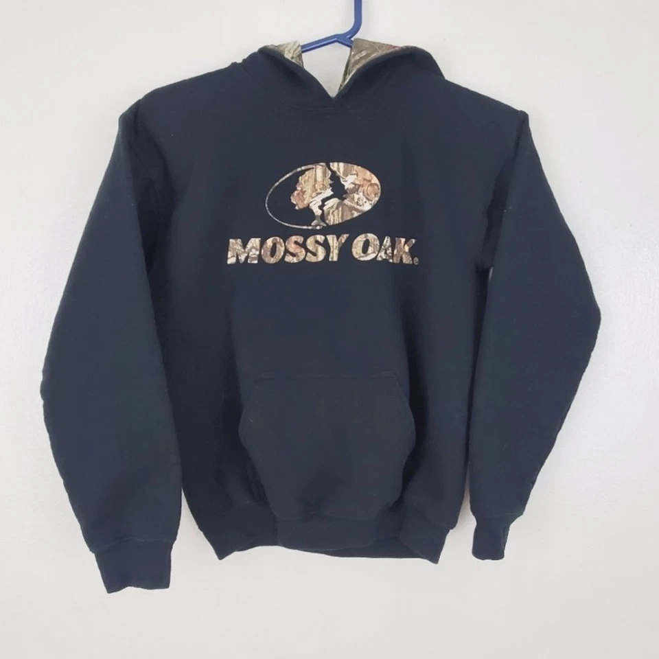 Mossy Oak Kids Black Hoodie Camo Accents Cotton Polyester Blend Size Large - Image 1 of 4