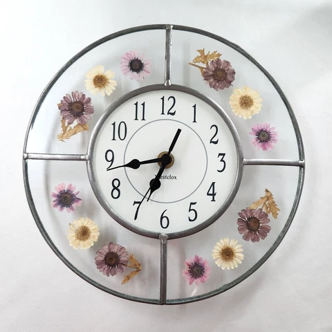Vtg? Westclox "Stained Glass" Clock w Pressed Flowers Purple Yellow 8.75" Round Cover