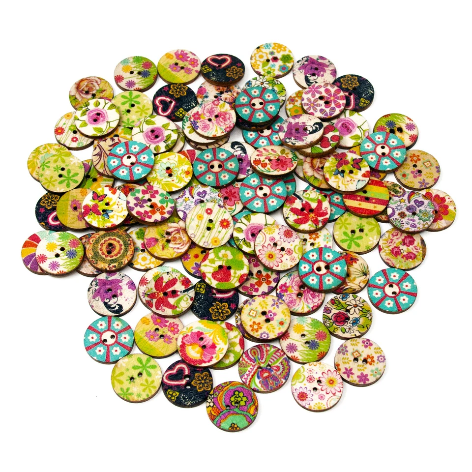 100 Stück Holzknöpfe Rund Buttons 20mm Blumen Nähen Kleidung Deko Basteln - Bild 1 von 1