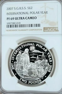 2007 SOUTH GEORGIA & SANDWICH ISLANDS SILVER 2 POUNDS NGC PF 69 ULTRA CAMEO RARE - Picture 1 of 4