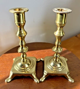 Pair of Vintage Solid Brass Footed Candlestick Holders Square Base 7" - Picture 1 of 12