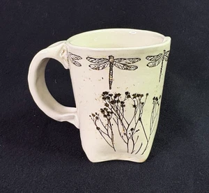 Colleen Deiss Handmade White Dragonfly Mug - Slab Built Art Pottery Rustic - Picture 1 of 11