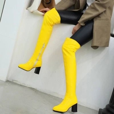 Women's Over The Knee High Boots Stretch Shiny Patent Leather Candy Color Heels - Image 1 of 4