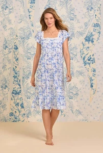 Camisón Eileen West Azul Estampado Floral Manga Gorra 100% Algodón Césped Vals M - Imagen 1 de 4