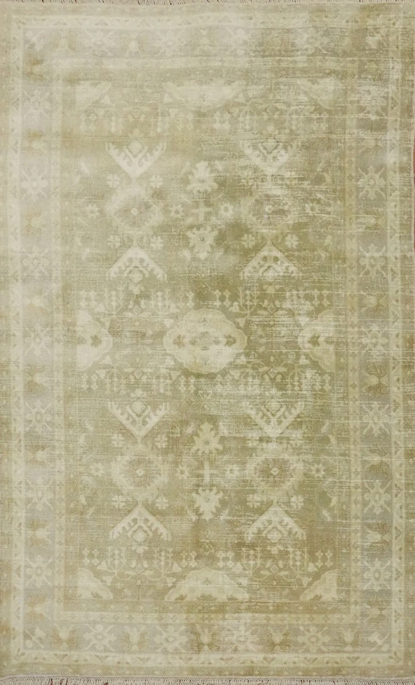Handmade Green Transitional Silk Carpet Oushak Oriental Bedroom Area Rug 5x8 Ft - Image 1 of 4