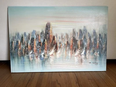 Pintura al óleo sobre lienzo firmada por Michael Varley | Barcos marítimos urbanos abstractos Foto 1 de 3