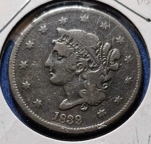 A 1839-Coronet “Booby Head” Large Cent Early U.S. Copper Coin - Picture 1 of 2