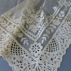 Antique TAMBOUR LACE Panel SAMPLE Needlerun FLOWERS w Muslin APPLIQUES Openwork - Picture 1 of 7