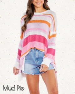 NEU! Mud Pie Montana Regenbogen gestreift Band Strick Pullover Ballonärmel Neu mit Etikett Einheitsgröße - Bild 1 von 10