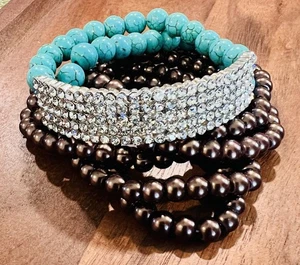 Vorsteckbare Stretch Armbänder Türkis Braun und Strass - Bild 1 von 8