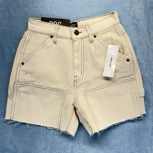 BDG High Rise Carpenter Shorts 24 Cutoffs Tan Denim Grunge Raw Hem New W/Tags - Picture 1 of 10