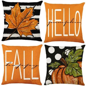 4pcs Fall Pillow Covers 18 x 18 Inch Autumn Pumpkin Maple Leaves Harvest Thro... - Picture 1 of 7