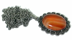 Vintage 25x18 Oval  Carnelian Agate Cab Gem Antique Silver Pendant 24 Inch Chain - Picture 1 of 2