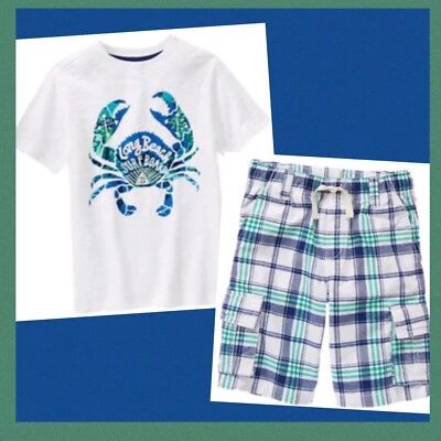 NWT 7 Gymboree “TIDE POOL” Cotton WHITE GREEN BLUE PLAID SHORTS & TOP 2pc SET! - Image 1 of 3