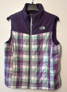 The North Face Girls Large Vest 14-16 Purple Green Check Quilted Reversible - Picture 1 of 9